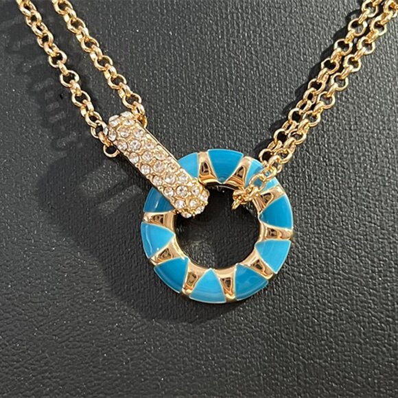 On 34th Gold-Tone Pavé & Blue Enamel Circle Necklace - NWT - Picture 1 of 5